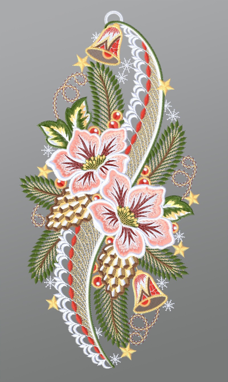 ArtikelbildFensterbild aus Plauener Spitze® - Christrosen mit Tannenzapfen #1W mehrfarbig