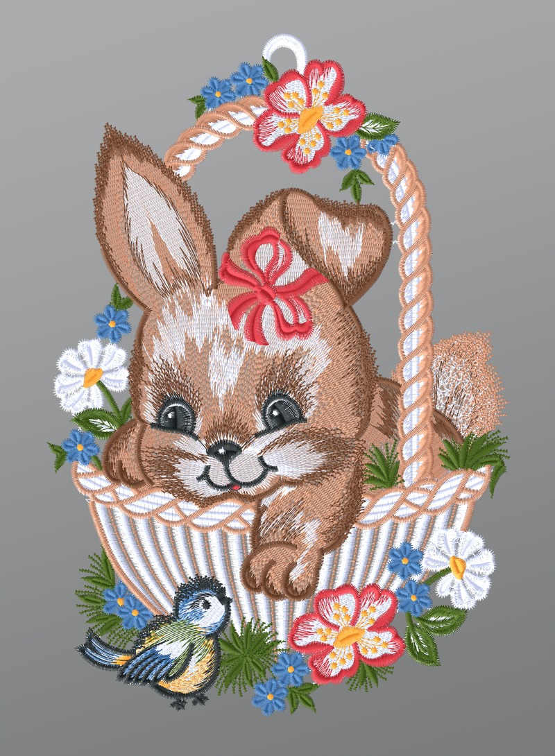 ArtikelbildFensterbild aus Plauener Spitze® - Kleine Häsin in Osterkörbchen #1W mehrfarbig