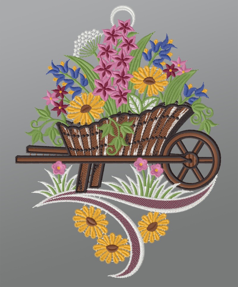 ArtikelbildFensterbild aus Plauener Spitze® - Schubkarre mit Blumen #1W mehrfarbig