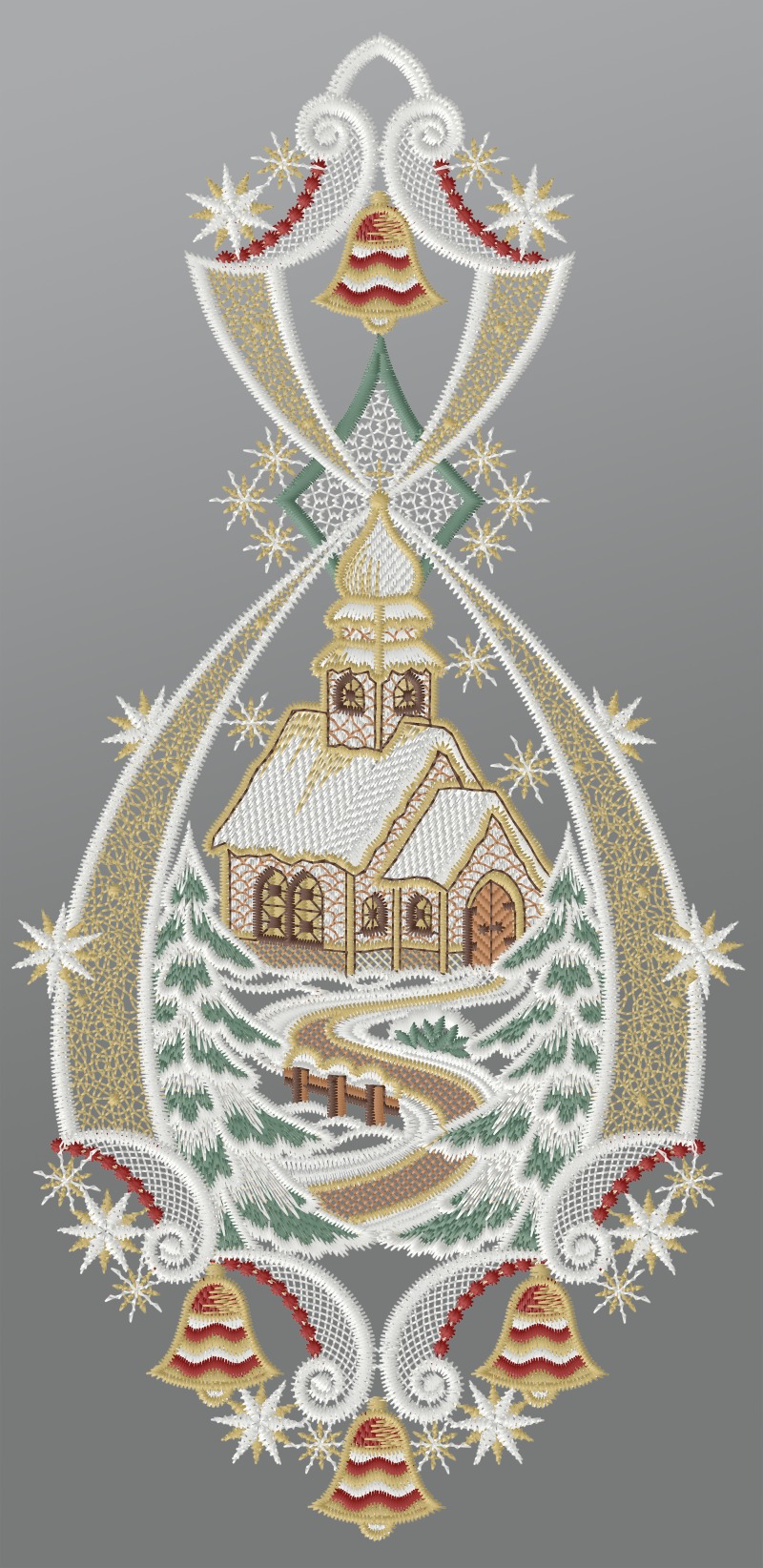 ArtikelbildFensterbild aus Plauener Spitze® - Kirche im Winterwald #1W mehrfarbig