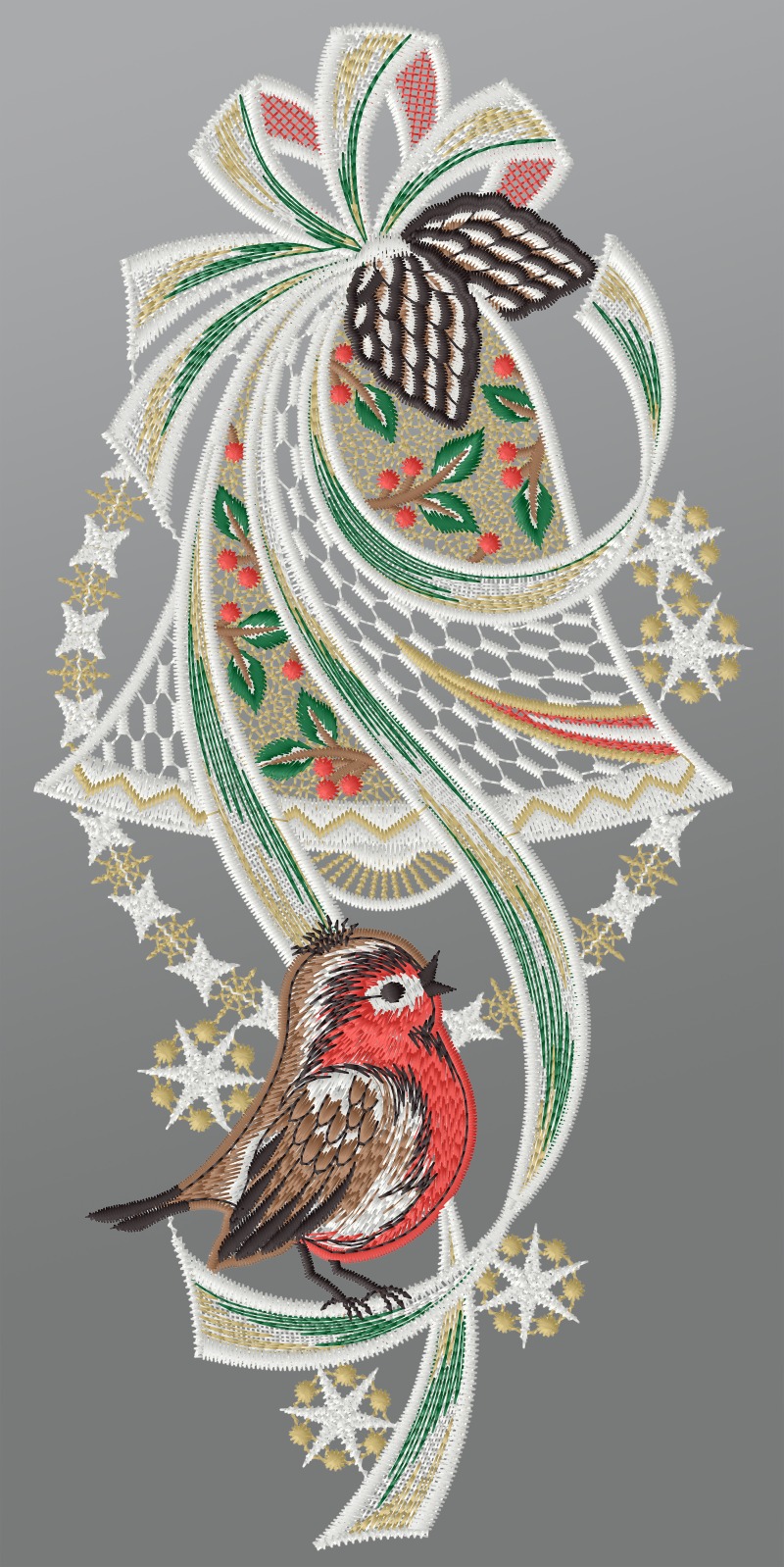 ArtikelbildFensterbild aus Plauener Spitze® - Weihnachtsglocke mit Rotkehlchenn #1W mehrfarbig