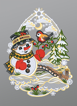 Fensterbild aus Plauener Spitze® - Schneemann mit Vögelchen #1W mehrfarbig