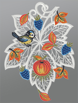 Fensterbild aus Plauener Spitze® - Herbstblatt mit Blaumeise #1W mehrfarbig