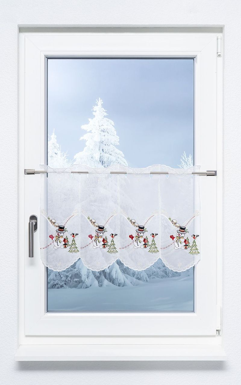 ArtikelbildScheibengardine Plauener Spitze® - Fröhlicher Schneemann #1W rot