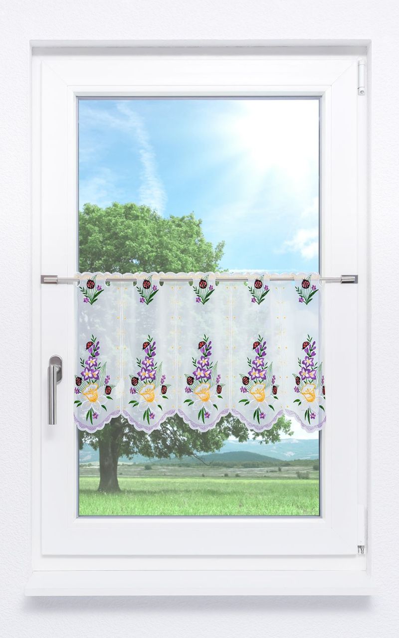 Scheibengardine aus Plauener Spitze - Frühlingsblumen